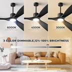 60" Smart Ceiling Fan with Lights,Outdoor Ceiling Fan 3 Blade,Work with Alexa/Gg/App/Remote,3-Color Light 6-Speed Quiet Reversible DC Motor for Patio Porch Bedroom,Black