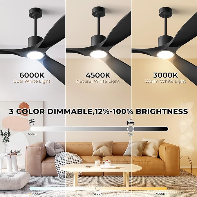 52" Smart Ceiling Fan with Lights,Outdoor Ceiling Fan Work with Alexa/Gg/App/Remote,3-Color Light Dimmable 6-Speed Quiet Reversible for Patio Porch Bedroom,Black