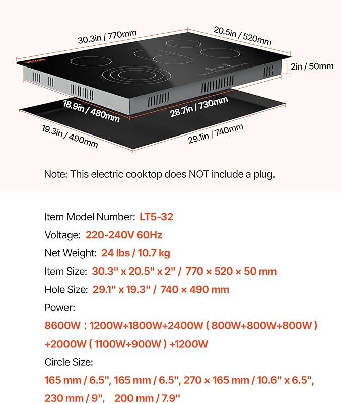VEVOR Built in Electric Stove Top, 30 inch 5 Burners Ceramic Cooktop, 240V Glass Radiant Cooktop with Sensor Touch Control, Timer & Child Lock Included, 9 Power Levels for Simmer Steam Slow Cook Fry