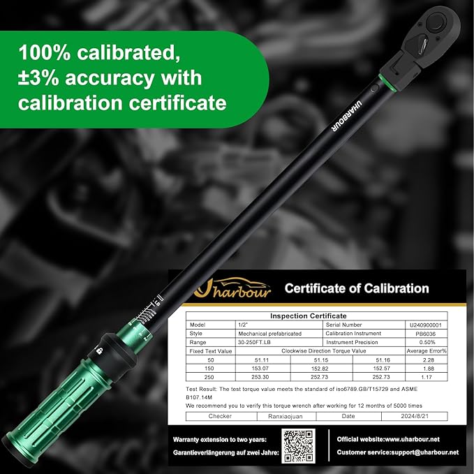 Split Beam Torque Wrench 1/2 Drive, 30-250 ft.lb Split Beam Torque Wrench, 1/2 Drive with Flexible Head, Suitable for Car, Motorcycle