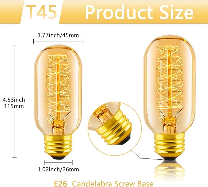 T45 Edison Bulbs 40W, 6 Pack Dimmable Retro Bulbs, 110V-130V, E26 Base Dimmable Decorative Antique Filament Bulbs, Amber Glass, 2200K Warm Yellow Incandescent Bulbs for Home Lighting Decor