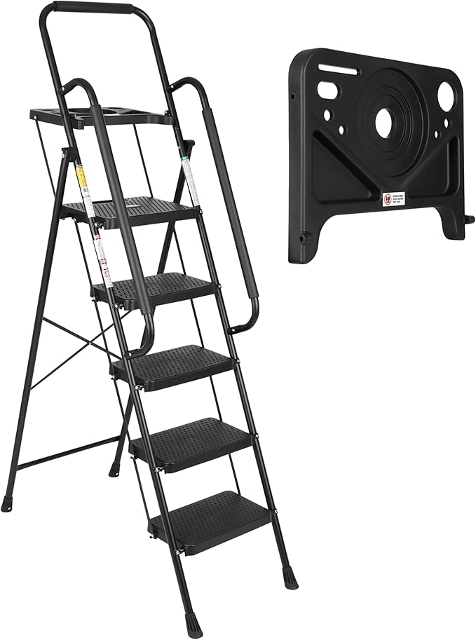 SIMPLI-MAGIC 5-Step Ladder, 800 LBS Capacity Folding Step Stool – Anti-Slip Wide Steps & Handgrip – ANSI Certified Lightweight & Durable Steel Stepping Stool for Kitchen, Home, Office & Garage