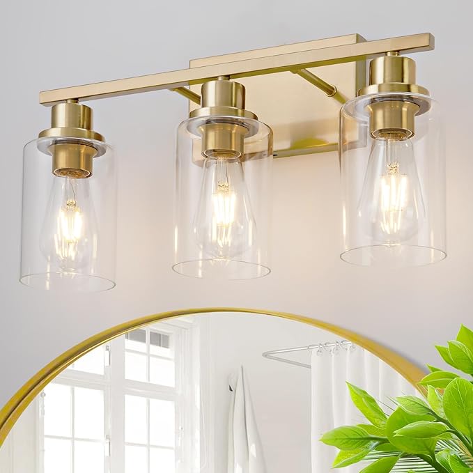 3 Light Bathroom Light Fixtures Brushed Brass Vanity Light Over Mirror Modern Farmhouse Wall Lighting Sconces Wall Lamp for Bathroom, Bedroom, Living Room E26 Socket with Glass Shade