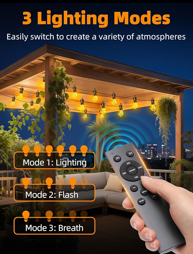 Outdoor Patio String Lights: S14 Shatterproof Bulb Outside Waterproof Light - 100Ft 30M Remote Dimmable Connectable Hanging Outdoor Electric Lighting - Garden Backyard Yard Gazebo Porch Party