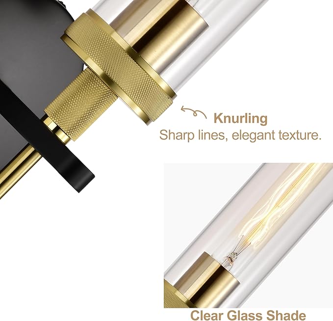 Black and Gold Bathroom Light Fixtures Over Mirror, Wall Sconces Set of 2 with Knurled Texture, Modern Industrial Vanity Lights with Clear Glass Tube Shade, Matte Black and Gold Wall Lamps for Bedroom