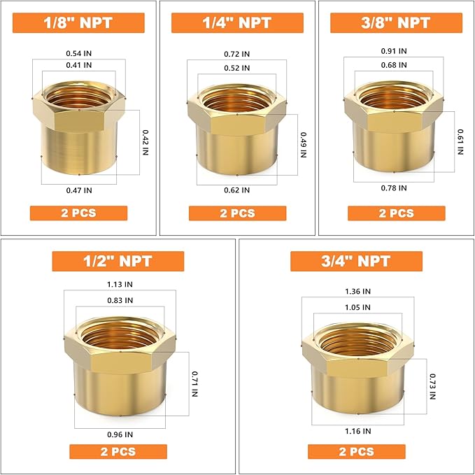 GASHER 1/8" 1/4" 3/8" 1/2" 3/4" NPT Brass Pipe Cap, NPT Female Thread Socket Pipe End Cap Plugs Fitting 10PCS