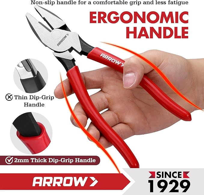 ARROW 8" High Leverage Linemans Pliers, Side Cutters, Linesman Pliers for Wire Cutting, Gripping
