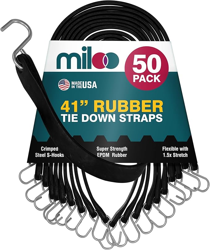 Miloo Rubber Bungee Cords with Hooks - Heavy Duty Tarp and Cargo Straps - Made in USA