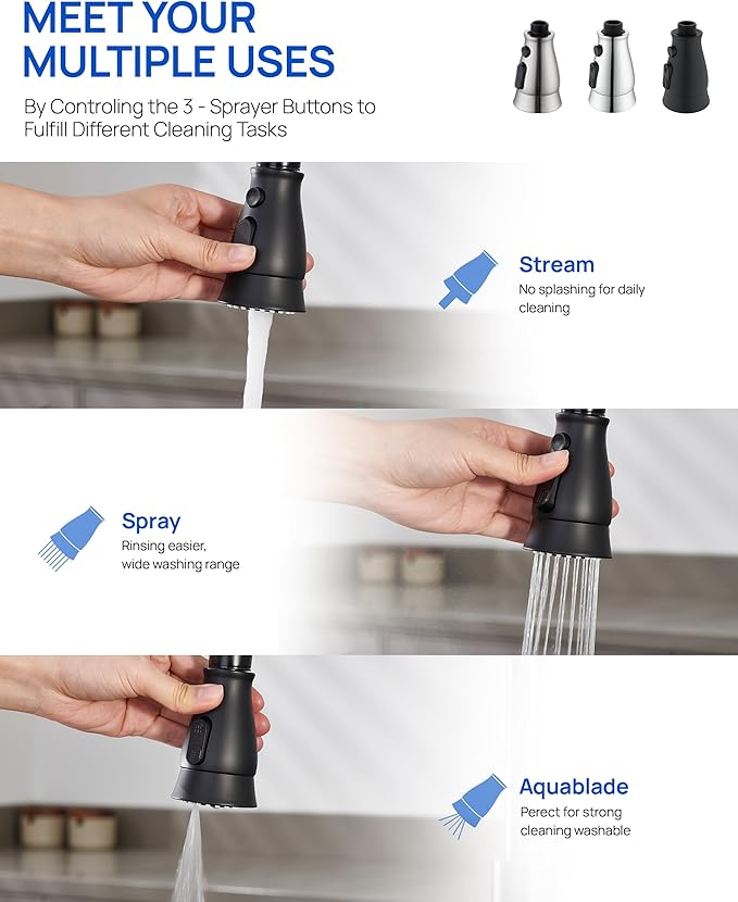 Pull Down Spray Head Replacement for Kitchen Faucet, 3 Modes Kitchen Sink Faucet Sprayer Head Nozzle Spout with 11 Adapters, Matte Black