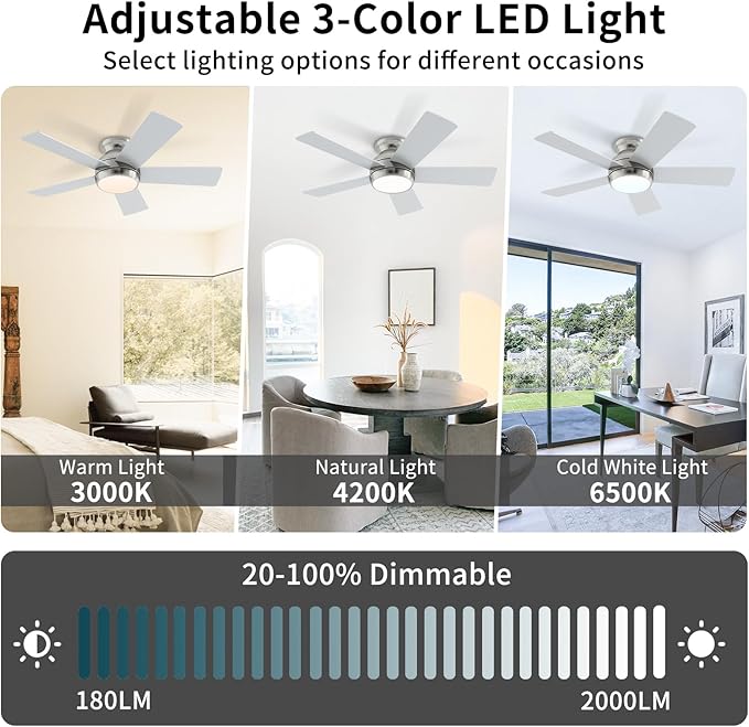 42 Inch Brushed Nickel Ceiling Fans with Lights and Remote, LED Low Profile Flush Mount Ceiling Fan for Bedroom, Living Room, Patio, Quiet DC Motor, 5 Blades