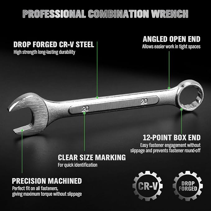 30-Piece Combination Wrench Set, Metric (6mm-24mm) & SAE (1''-1/4"), Standard Spanner Wrench Set, Mechanic Tool Sets with Rolling Pouch, Open End Wrenches for Household, Garage, Workshop, Auto Repairs