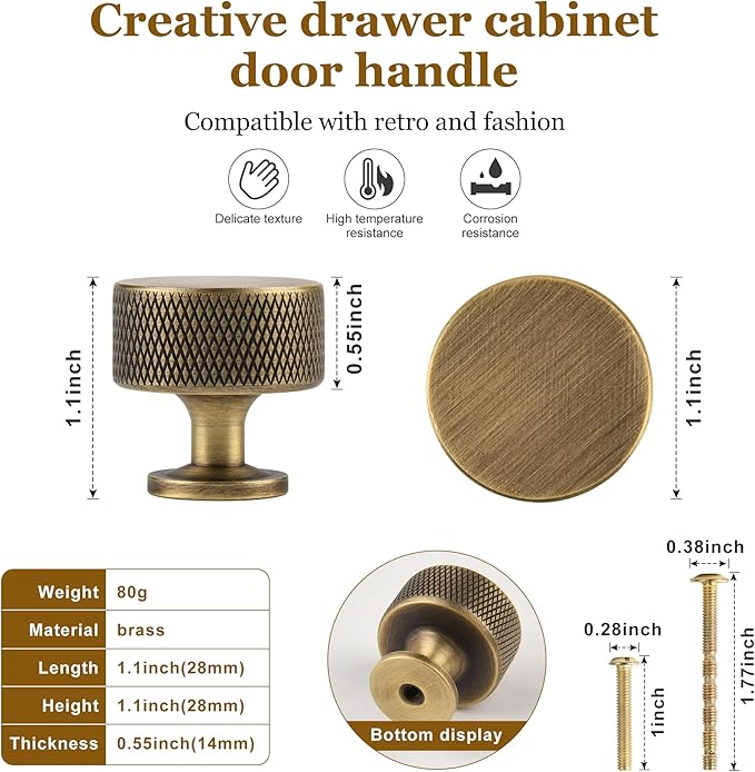 Antique Brass Kitchen Cabinet Knobs 5 Pack, 1.1Inch Knurled Brass Dresser Drawer Pulls, Modern Furniture Hardware Handles for Cupboard Wardrobe Vanity Closet Door