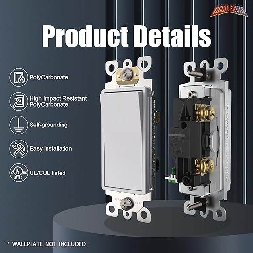 ThunderWay Single Pole Light Switch, Rocker Wall Light Switch, 15A 120/277V, Decorator On/Off Rocker Paddle Interrupter, UL Listed, White, 20 Pack