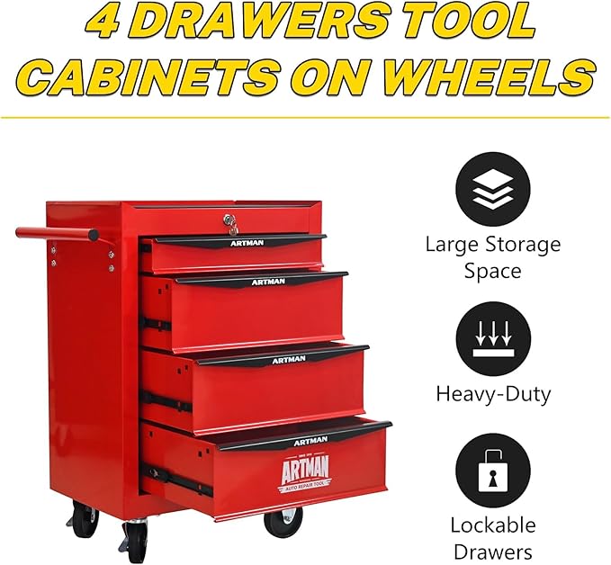 4-Drawer Steel Rolling Tool Cart with Wheels & Handle, Heavy-Duty Tool Chest Storage Cabinet for Garage and Workshop