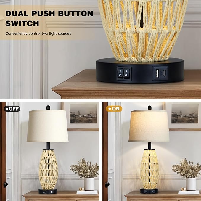 27“ Beige Boho Rattan Table Lamps with Night Light, Natural Bedroom Lamps Set of 2 with USB A+C Charging Ports, Rustic Farmhouse Woven Wicker Bedside Nightstand Lamp for Living Room End Tab