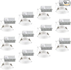 Builder Essential 5in 1,050 Lumens Round LED Recessed Light and Housing for Remodel or New Construction Regressed Trim 3-Power Modes 8W-10W-12W, 5-CCT 2700-3000-3500-4000-5000K in White (Pack of 12)