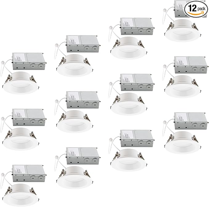 Builder Essential 5in 1,050 Lumens Round LED Recessed Light and Housing for Remodel or New Construction Regressed Trim 3-Power Modes 8W-10W-12W, 5-CCT 2700-3000-3500-4000-5000K in White (Pack of 12)