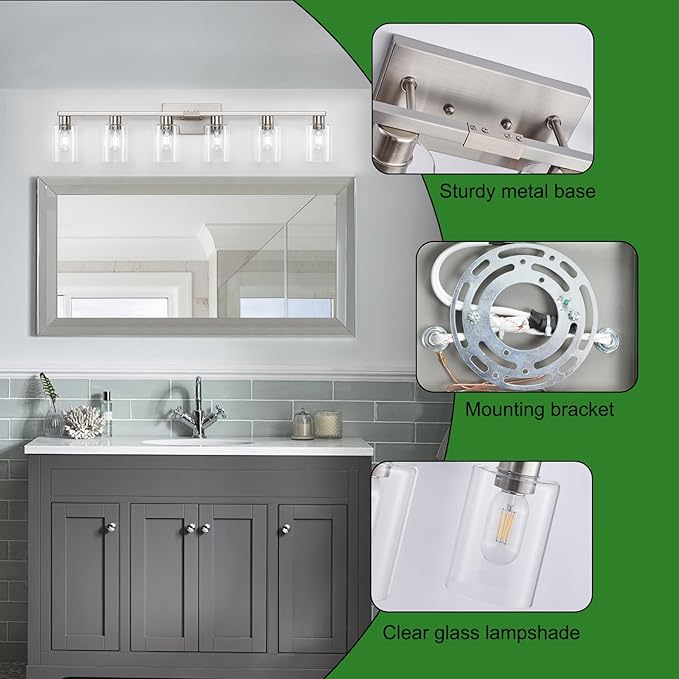 6-Light Bathroom Light Fixtures, Vanity with Clear Glass, Brushed Nickel Lighting Fixtures Over Mirror, 42inch Large Lights for Bathroom