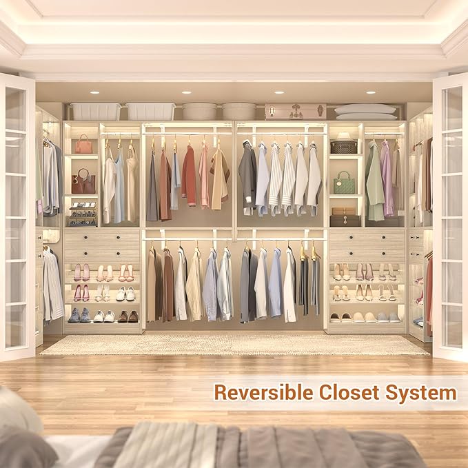 10FT Closet System with 4 Drawers, 120" Closet Organizer System with 6 Hanging Robs & Reversible Hanging Shelving, Closet Systems for Walk-in Closets, Load 2000+LBS, Greige Oak 2 Pack