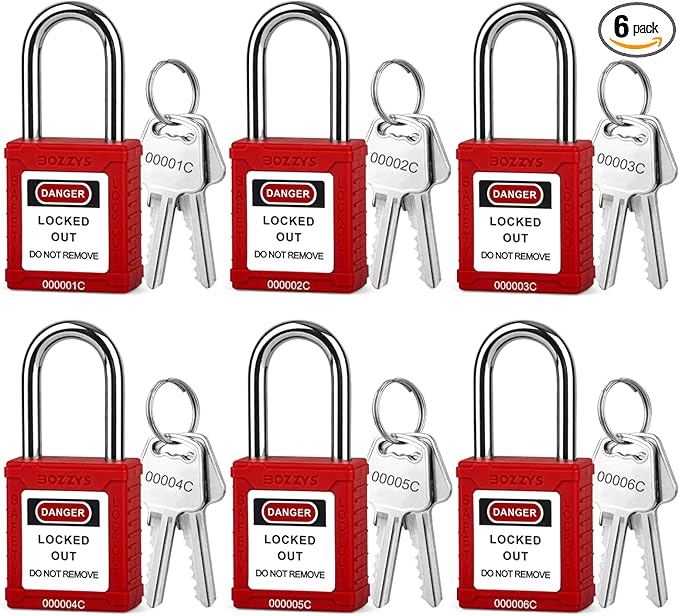 Lockout Tagout Locks 6-Pack｜OSHA Red Loto Locks Keyed Different｜2 Keys/Lock for Industrial Machinery & Electrical Panels｜Chrome Steel & Laser Coding