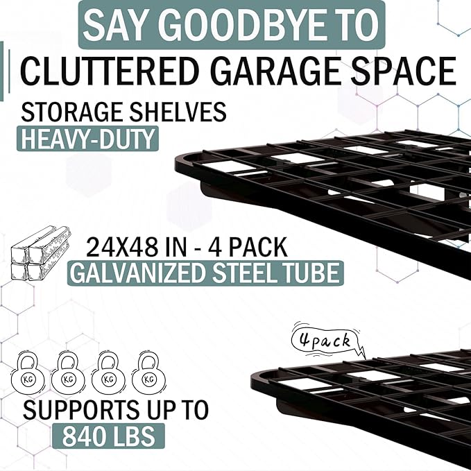 4-Pack 2x4ft Garage Wall Shelving, 4 Shelf Total 16 ft(L) Garage Shelving Wall Mounted, Heavy-Duty Storage Shelves, Perfect for Holding Storage Bins, Sporting Goods, Tools, and More Space-Saving