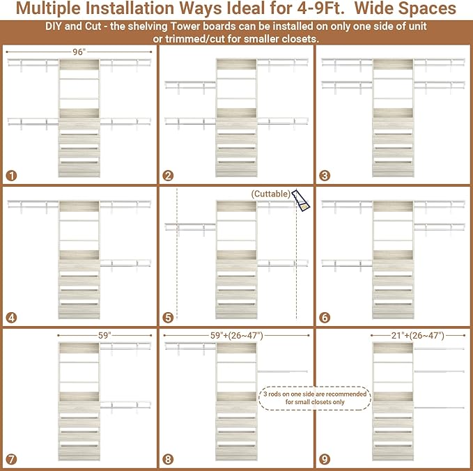 Aheaplus Closet System with Drawers Set of 2, Wood Closet Organizer System with 8 Hanging Rods & Top Shelves, Walk-in Closets Organizer Wardrobe Clothes Rack, Cut Fits Spaces 4-9FT. Wide, White Oak