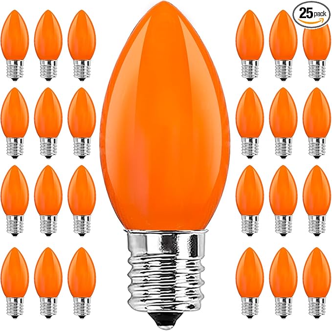 C9 Orange Replacement Bulbs, 25 Pack C9 Ceramics Orange Halloween Light Bulbs for Indoor Outdoor Patio Halloween Christmas String Lights, C9/E17 Intermediate Base Bulb, 7 Watt Incandescent Night Light