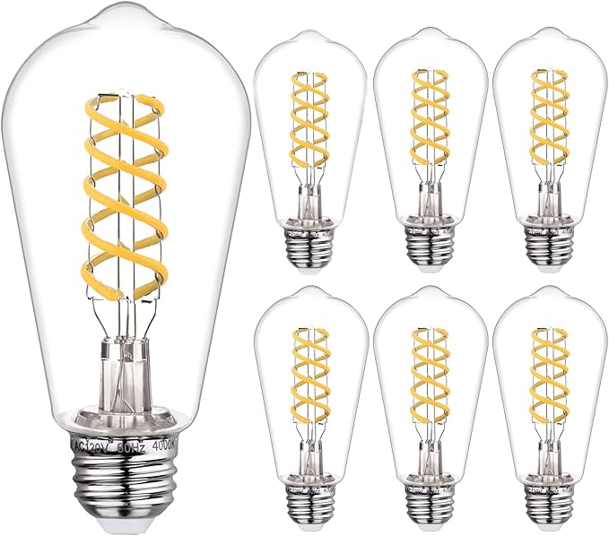 6 PCS Dimmable Vintage LED Edison Bulbs, 6W Equivalent 60 Watt, Natural White 4000K, Antique Flexible Spiral LED Filament Light Bulb, ST58 (ST19), 600 Lumens, E26 Base, Clear Plastic