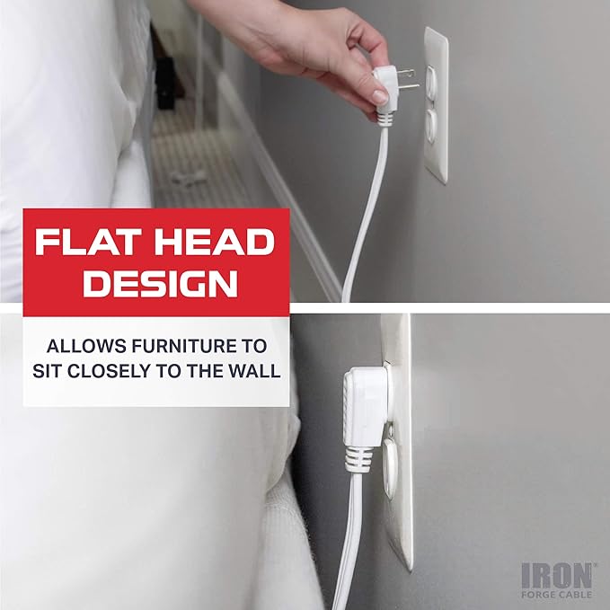 Iron Forge Cable 8 ft Flat Plug White Extension Cord with 3 Outlets - 16/3 SJTW 3 Prong Indoor Extension Cord with Multiple Outlets