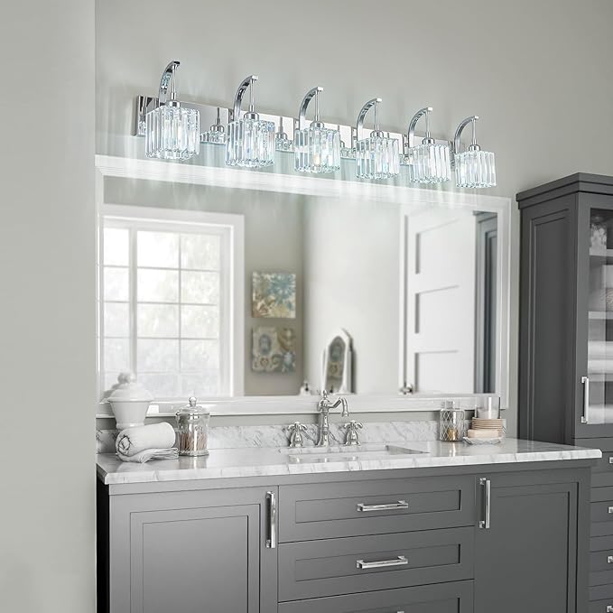 Crystal Vanity Lights 6-Light Chrome Bathroom Vanity Lights Modern Crystal Bathroom Light Fixtures Over Mirror 51.18" Long Vanity Light for Bathroom