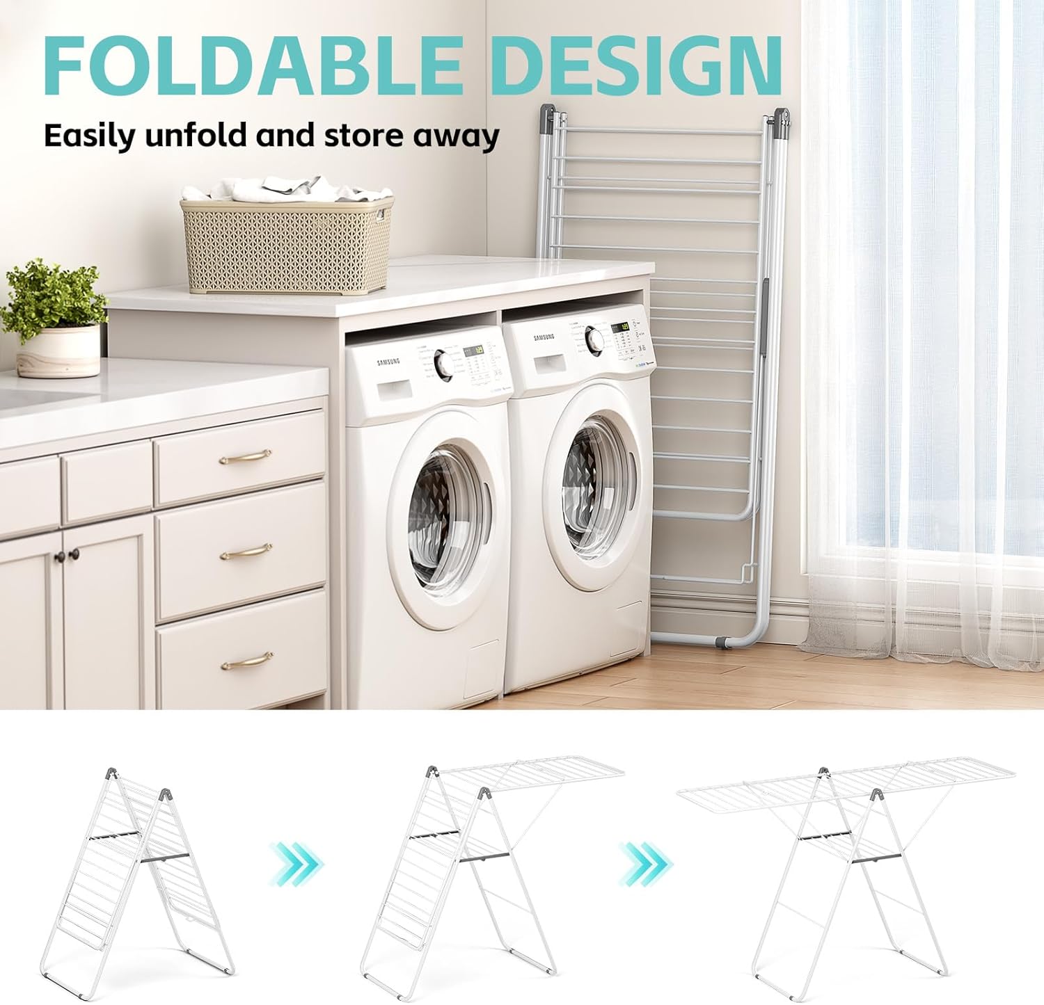 APEXCHASER Clothes Drying Rack, Oversized Drying Rack Clothing with Height-Adjustable, Foldable Gullwings Metal Laundry Rack, Indoor Outdoor Use, No Assembly, White