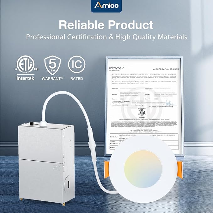 Amico 24 Pack 3 Inch 5CCT Ultra-Thin LED Recessed Ceiling Light with Junction Box, 2700K/3000K/3500K/4000K/5000K Selectable, 7W Eqv 60W, Dimmable Canless Wafer Light, 500LM High Brightness, ETL&FCC