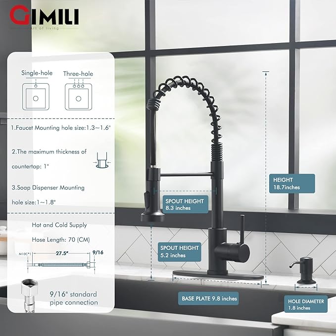 GIMILI Matte Black Kitchen Faucet with Soap Dispenser, Commercial Single Handle Spring Pull Out Kitchen Sink Faucets with Pull Down Sprayer