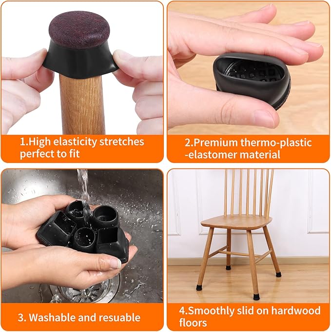 Ezprotekt 24 Pcs Round Silicone Chair Leg Floor Protectors with Felt, Floor Protectors for Chairs, Felt Furniture Pads Cups for Hardwood Floors, Chair Leg Caps Covers (M Fit: 0.87"-1", Black)