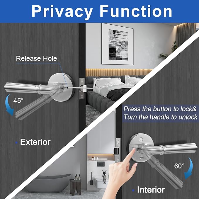 Orger 1 Pack Satin Nickel Privacy Door Lever Interior Door Handle with Lock, Keyless Bed Bath Door Handle Round Door Lever Reversible for Left & Right, Modern Privacy Door Lock Stainless Steel