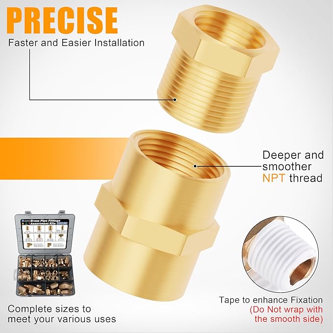 98PCS Brass Pipe Fittings Assortment Kit NPT Adapter,Reducer Bushing, Hex Nipple, Reducing Hex Coupling,Hex Head Plugs,90 Degree Street Elbow,Street Tee Fittings Kits