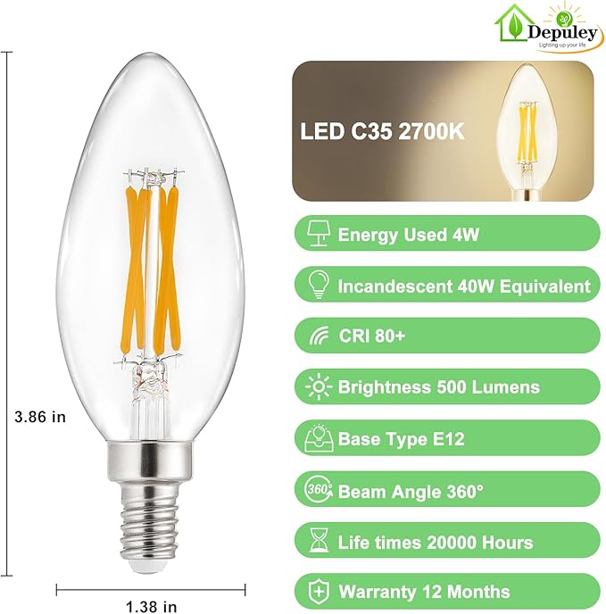Depuley LED Light Bulbs E12: 12-Pack Candelabra Light Bulb 4W Candle Bulb Equivalent 40W - Edison Vintage Bulbs Soft White 2700K C35 Clear Bulb 500 LM 80+CRI Non-Dimmable