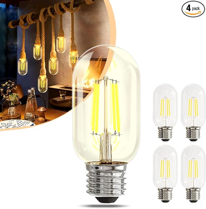 4 Pack T45 Dimmable LED Edison Bulbs, Vintage LED Filament Bulbs 4W Equivalent 40W, 110-130V E26 Base 2700K Warm White Light, CRI 90+ Clear Glass Small Bulbs, Great for Home Office Bar.