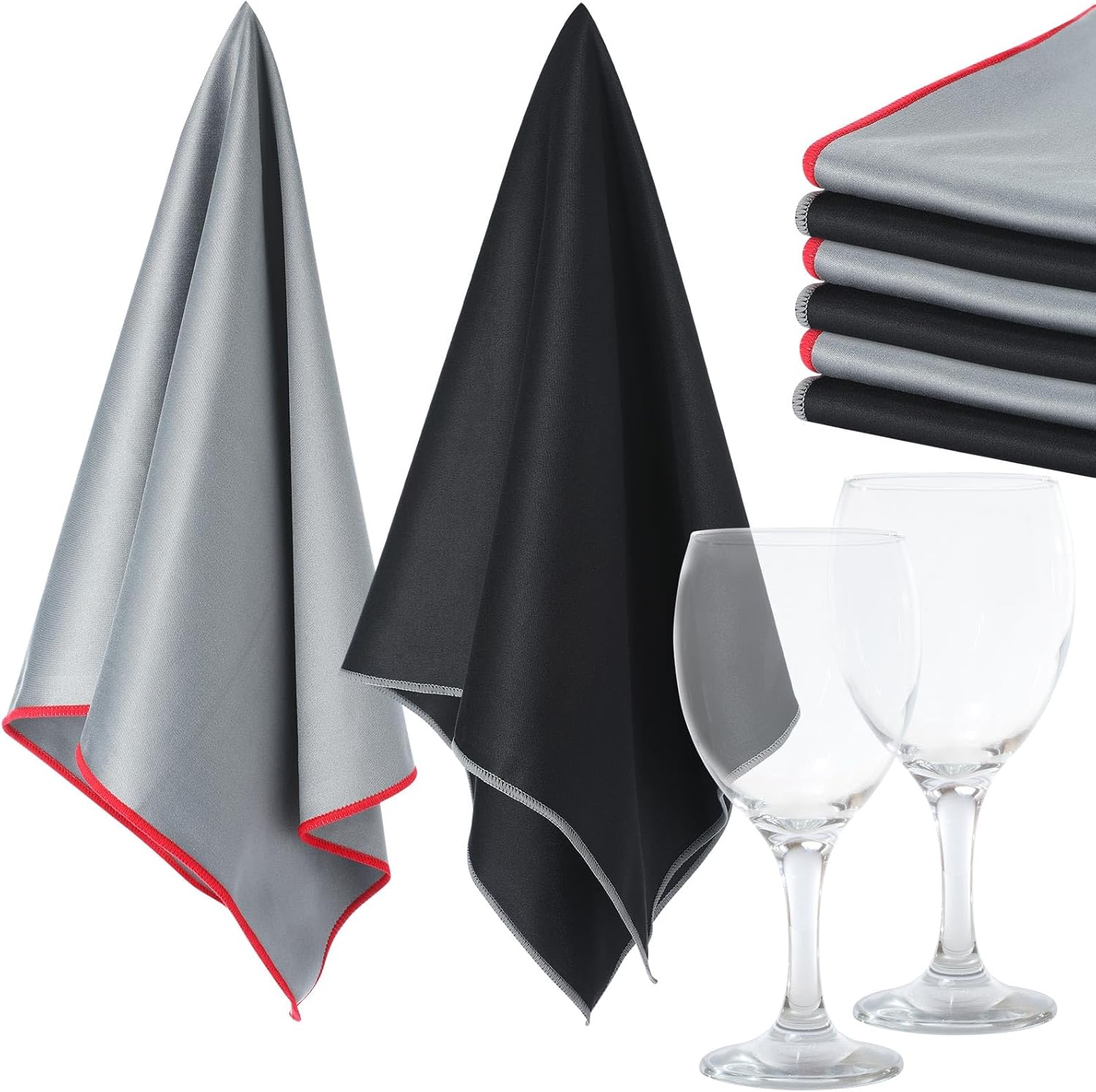 VitalCozy 6 Pcs Wine Glass Polishing Cloths Large Microfiber Cleaning Cloths 25 x 20 Inch Lintless Towels for Drying Wine Glasses Cleaning Window Stemware Dishes Glassware (Black, Gray)