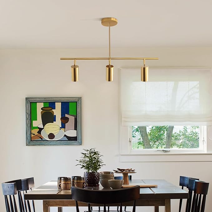 KCO Lighting Linear Pendant Light Ceiling Track Spotlight Gold 3-Light with Rods Adjustable Hanging Lighting Fixture for Dining Room Kitchen