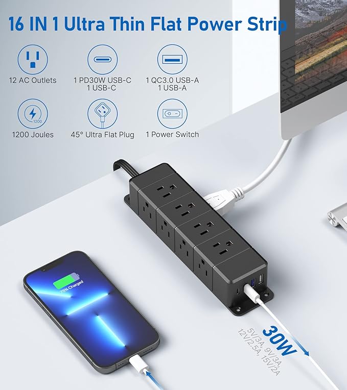 30W USB C Power Strip Surge Protector,Ultra Thin Flat Plug Power Strip 4 Side 12 Outlets,1 PD Fast Charing,2 USB-C, 2 USB-A(4 USB Total 40W),6ft Slim Extension Cord,16 in 1 Desk Power Bar,1200J Black