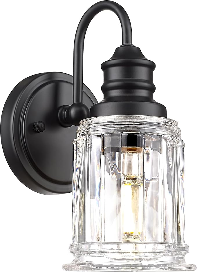 Black Wall Sconces, HWH Rustic Industrial Wall Lamps, 1-Light Sconces Wall Lighting with Bell-Shaped Clear Glass, Bathroom Vanity Light Fixture for Bedroom Living Room Kitchen, 5HZG106B BK