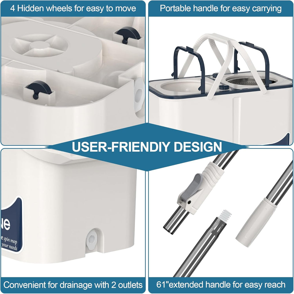 Gen 1 Large-Capacity Spin Mop and Bucket – for Big Homes & Deep Cleaning Days,4-Chamber System Separates Dirty & Clean Water, 2-GAL Heavy-Duty Design with Wheels & 8 Refill Mop Heads - White/Blue