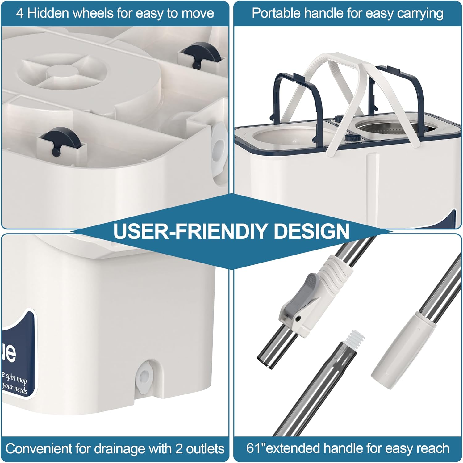 Gen 1 Large-Capacity Spin Mop and Bucket – for Big Homes & Deep Cleaning Days,4-Chamber System Separates Dirty & Clean Water, 2-GAL Heavy-Duty Design with Wheels & 6 Refill Mop Heads - White/Grey