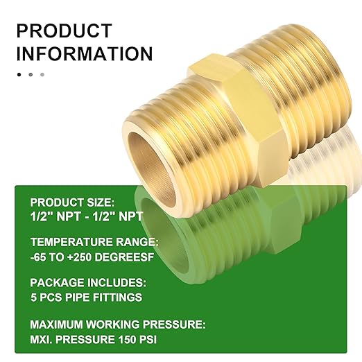 TAISHER 5PCS Brass Pipe Fitting Adapter, Hex Nipple, 1/2-Inch Male Pipe x 1/2-Inch Male Pipe