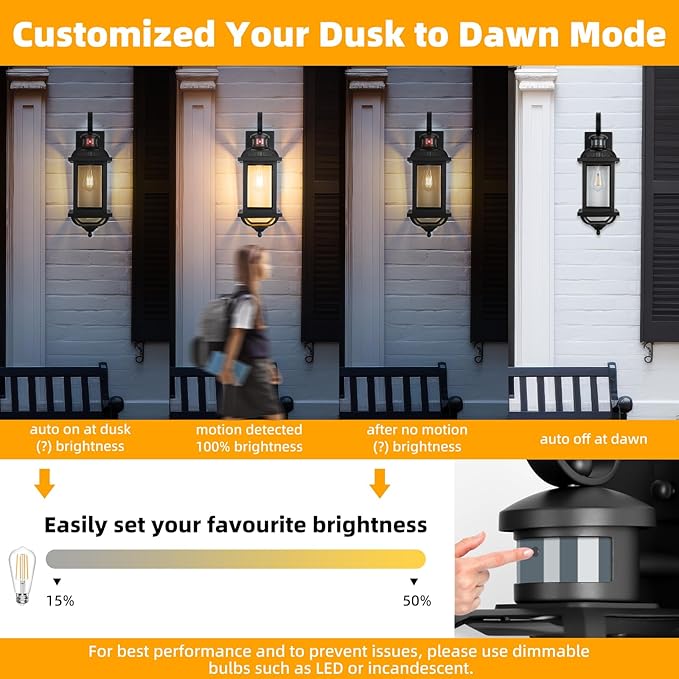 Motion Sensor Porch Lights Dusk to Dawn, 19 Inch Enclosed Bottom Anti-Rust Aluminum Black Outdoor Light fixtures 2 Pack Large Exterior Light Outdoor Wall Lights for House Garage Patio