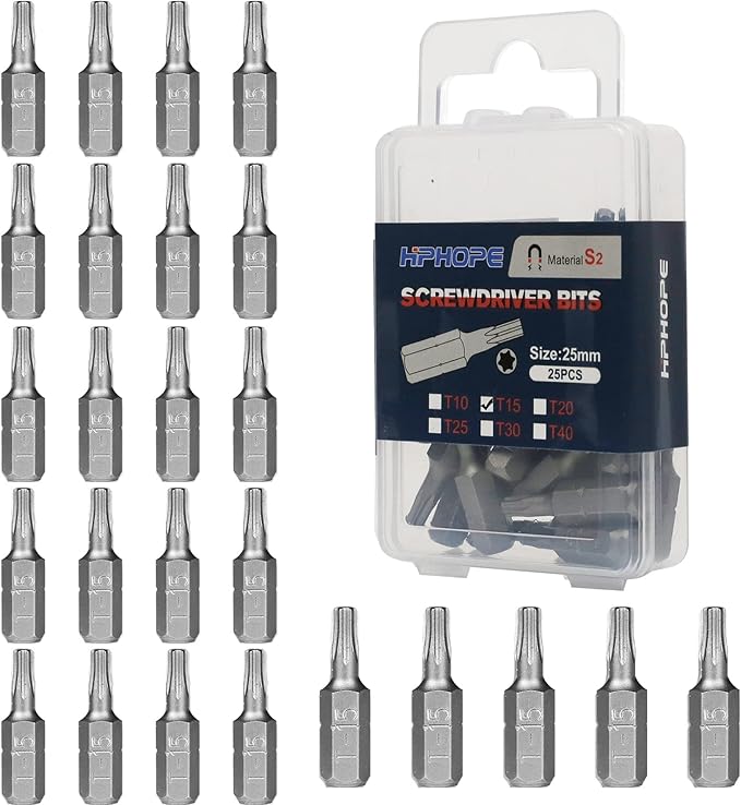 HPHOPE T15 Screwdriver Bit Set, Torx Bits T15, 1/4" Hexagon Bit (Length: 1", 25 Pack)