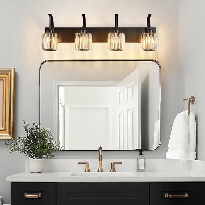 4-Light Crystal Vanity Light, Modern Black Bathroom Wall Sconce with K9 Crystal Shades, 32.67" Long Over Mirror Lighting for Vanity, Makeup, Hallway, Elegant & Easy Install