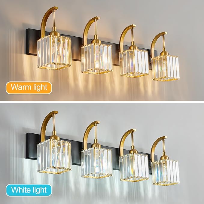Crystal Vanity Lights 4-Light Black Gold Bathroom Vanity Lights Modern Crystal Bathroom Light Fixtures Over Mirror 32.67" Long Vanity Light for Bathroom