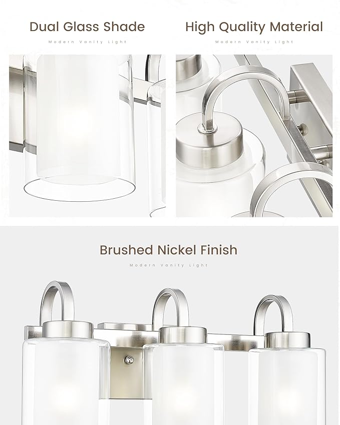 TENGXIN 3-Light Bathroom Vanity Light, Brushed Nickel Vanity Light Over Mirror, Farmhouse Wall Sconces with Dual Glass Shade, Modern Wall Lamp for Bathroom Hallway Living Room